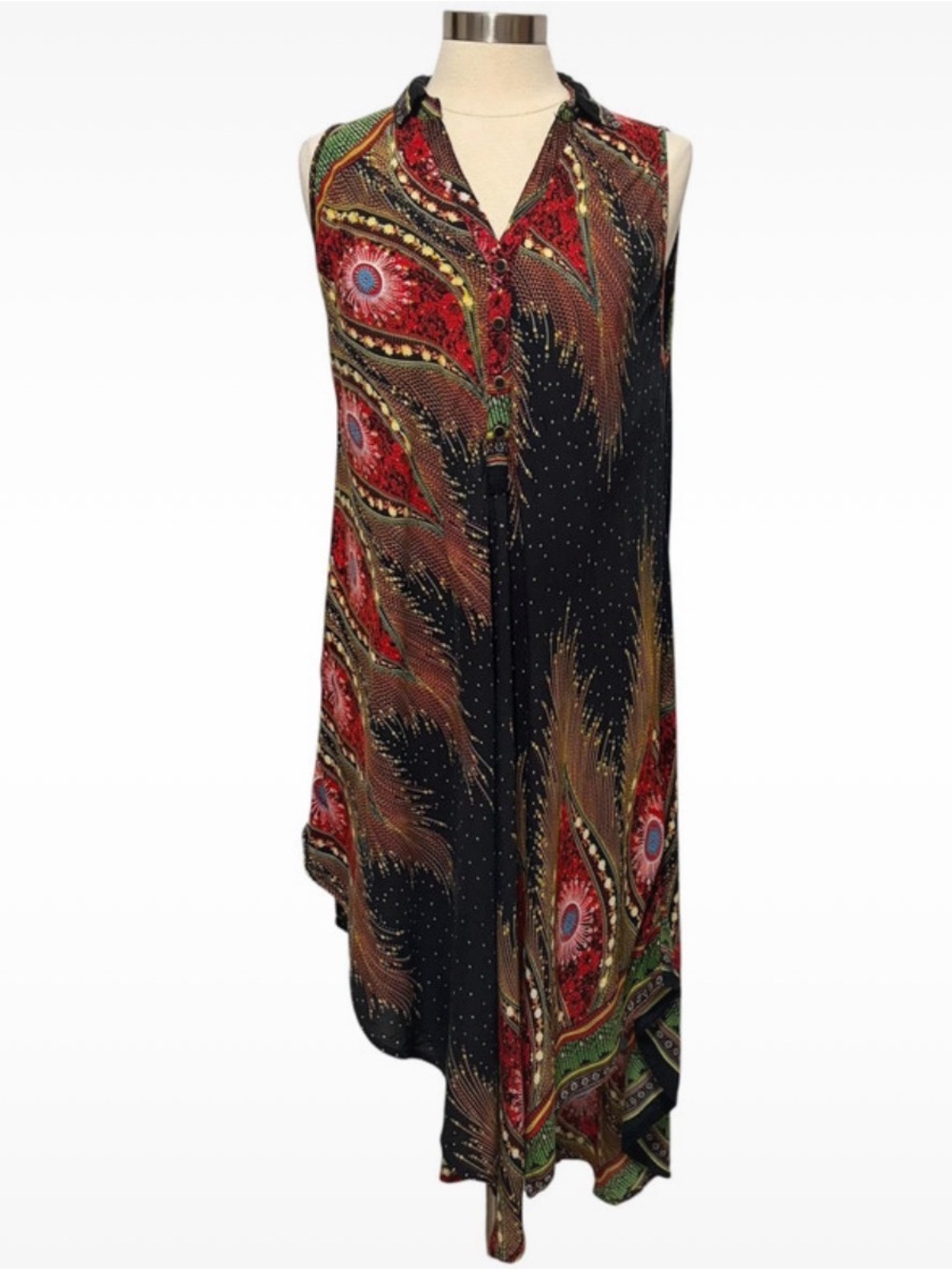 EXIST Casual Boho Asymmetric Lightweight Sleeveless Dress,‎ Feather Print, S/M